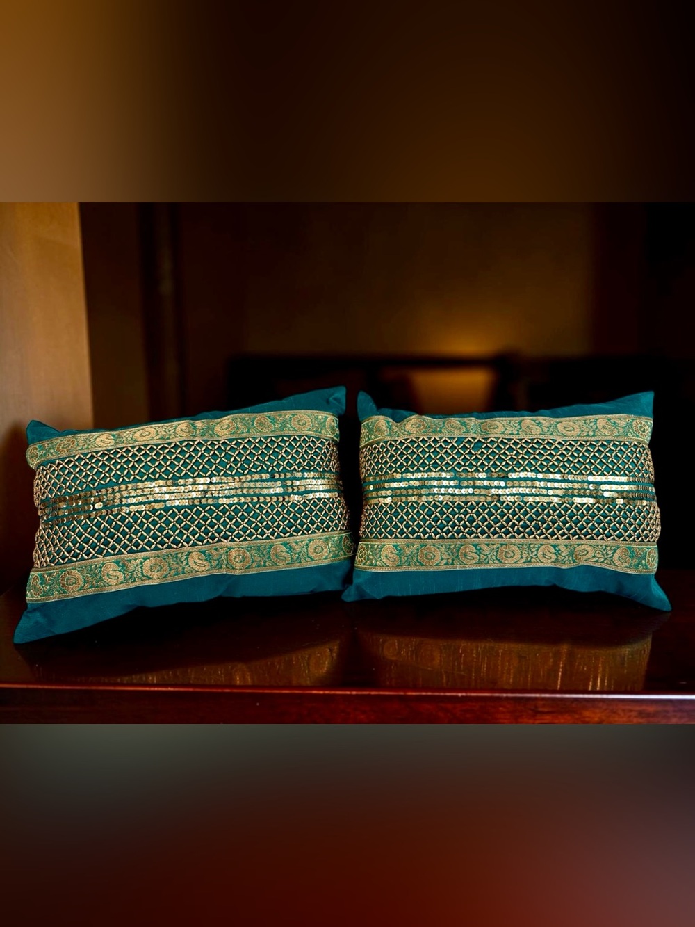 Pier 1 Imports Teal Gold Beaded Sequin Lumbar Pillows SET OF 2 13x19 inches